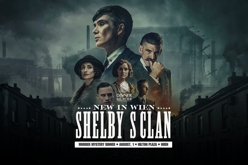 The photo shows an event poster for the interactive dinner experience “Dinner with a Murder - Shelby's Clan” with the lettering of the event in white color, behind it the portraits of 6 people in front of the backdrop of the historic factory of the 1920s