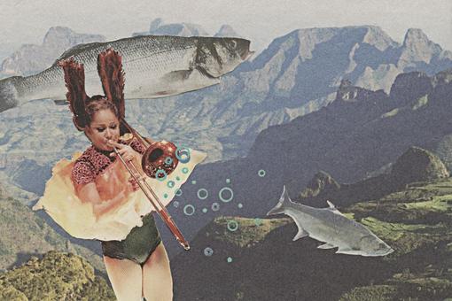 The photo shows a collage by Henriette Leinfellner and Javier Pérez Gil: two fish swimming through an alpine mountain landscape, in the foreground a woman with a hairstyle like rabbit ears playing the trombone