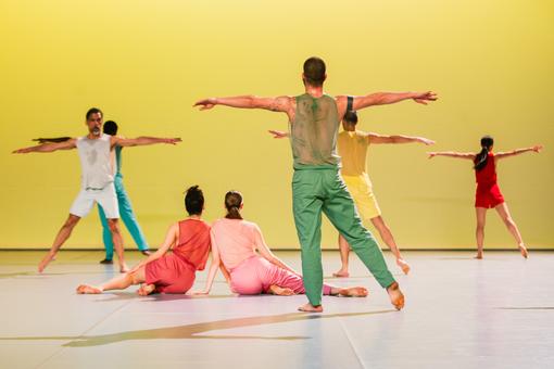 Das Foto zeigt eine Tanzszene aus der Performance In C von Sasha Waltz & Guests, The Young Gods, Terry Riley. Tänzer:innen in bunten Kostümen vor einem gelben Hintergrund