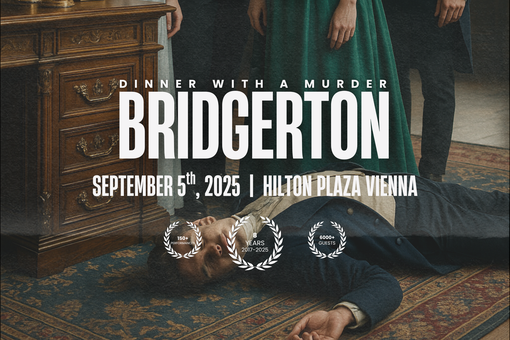 The photo shows the event poster with the event's logo in white, as well as the date and location of the event, with a man in a historical suit lying dead on a carpet in the background