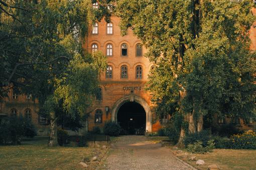 The photo shows an entrance to the Museum of Military History Vienna in the Arsenal. In front of the building are tall, old trees, the scene is bathed in evening light