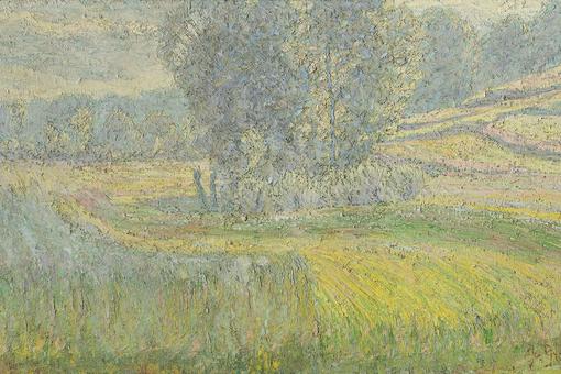 The painting in pastel oil colors shows a field with a group of trees in the middle and a forest in the background. It is painted in impressionist style in the colors green, yellow, blue and pink