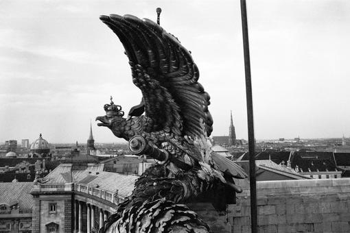 Das Schwarzweiß-Foto von Chrstine de Grancy zeigt die Skulptur eines metallenen Doppeladlers, der sich auf der Neue Burg der Wiener Hofburg befindet, im Hintergrund das historische Stadtzentrum von Wien