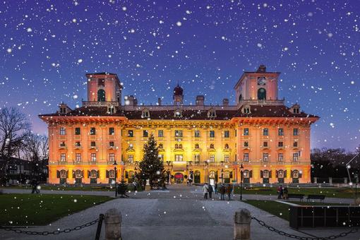 Das Foto zeigt das Schloss Esterházy in abendlicher Beleuchtung und Adventstimmung, vor dem Schloss steht ein Weihnachtsbaum und es schneit 