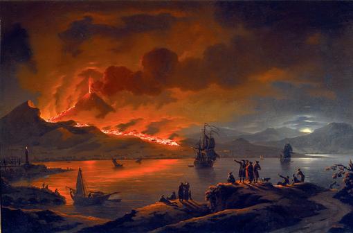 Ein historisches Ölgemälde, das den Ausbruch des Vesuvs über dem Golf von Neapel bei Nacht zeigt.