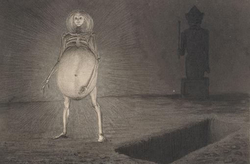 Die düstere Zeichnung zeigt eine zum Skelett abgemagerte Frau mit einem extrem großen, eiförmigen Bauch, die vor einem ausgehobenen Grab steht