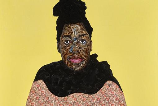 The painting shows an African woman with black, pinned-up hair, an expressive, macabrely painted face, a black scarf around her neck and a reddish-brown patterned top, against a yellow background