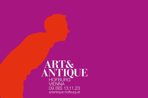 Logo der Kunstmesse: die Silouette eines Mannes, der sich nach vorne beugt, in rot auf magentafarbenen Hintergrund, daneben in weißer Schrift der Name der Messe und die Daten