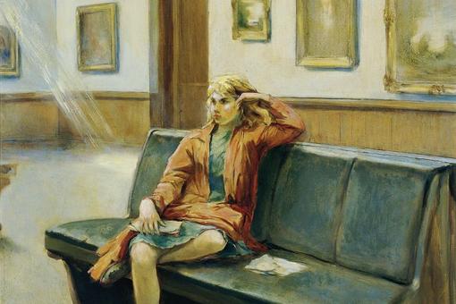 Painting of a woman sitting on a bench in the picture gallery, a book in one hand, the other arm propped up on the bench