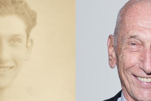 Two photos placed next to each other, the young Stefan Edlis on the left and the older Mr. Edlis on the right