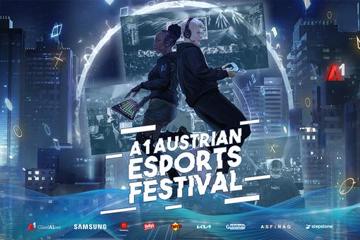 The poster for the Austrian eSports Festival shows a young woman and a man playing a digital game, with a city skyline in the background, all in shades of blue and black, with white lettering