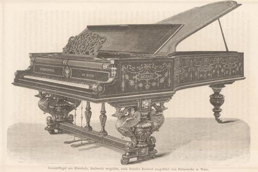 The photo shows a poster with a historical concert grand piano made of ebony with rich decorations and carvings, partly gilded, executed by Bösendorfer