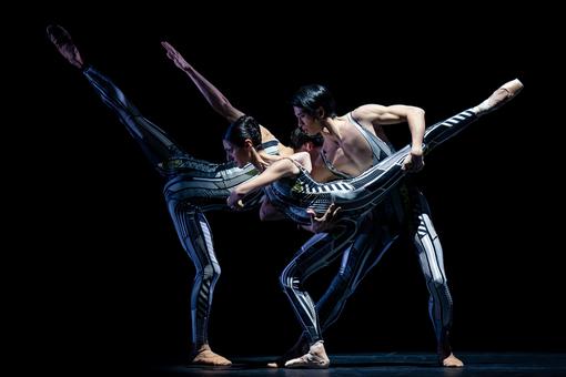 Drei Ballett-Solist:innen in symetrischer Position, Beine und Arme wie in einem V nach oben gestreckt. Sie tragen moderne, grau-dunkelblaue Trikots mit symetrischen Mustern