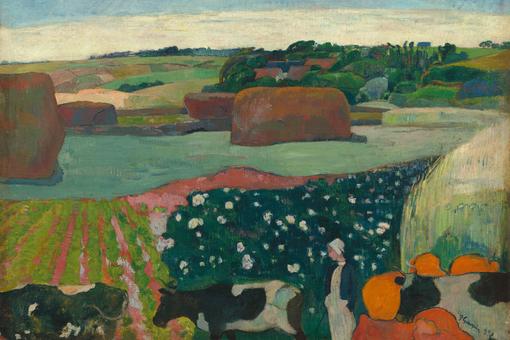 The colorful painting shows a landscape in Brittany, fields with hay sheaves, grain and vegetables, in the foreground a woman supervising cows