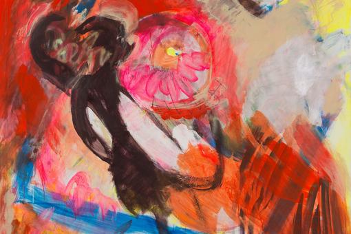 The photo shows an abstract painting without a title in the bright colors neon pink, orange and yellow on the right edge, with a figure in dark brown in the foreground
