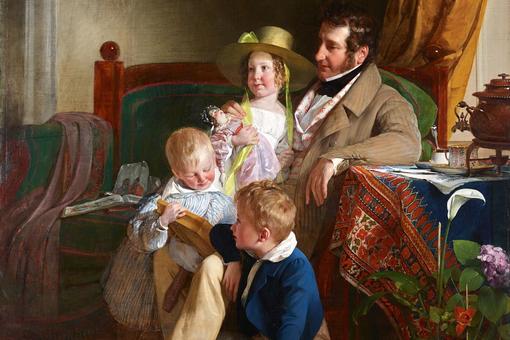 Biedermeier painting showing a family scene: father sitting at a Biedermeier table surrounded by his three children