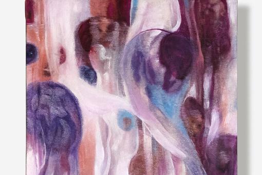 Abstract painting in the colors pink, purple, violet, bordeaux red and medium blue. A figure of Eurydice is indicated in the center.