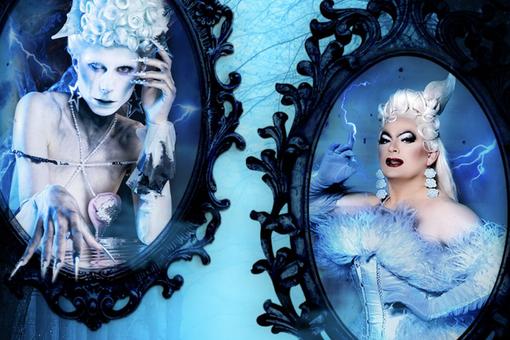 Das Foto zeigt die Drag Queens Gra­zia Patri­cia & Meta­mor­kid in Halloween-Outfits und Kostümen