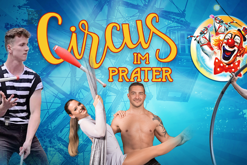 Plakat des Circus mit 3 Artisten und dem Schriftzug Circus im Prater