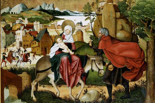Painting showing the Mother of God Mary with the infant Jesus on a donkey, next to it a man, behind it a city and mountains