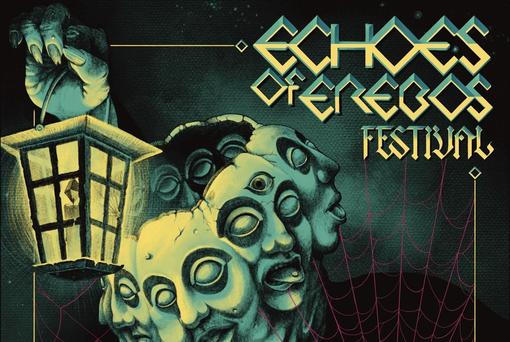 Event poster of the Echoes of Erebos Festival, with the lettering, a lantern with a candle and various masks with empty eyes.
