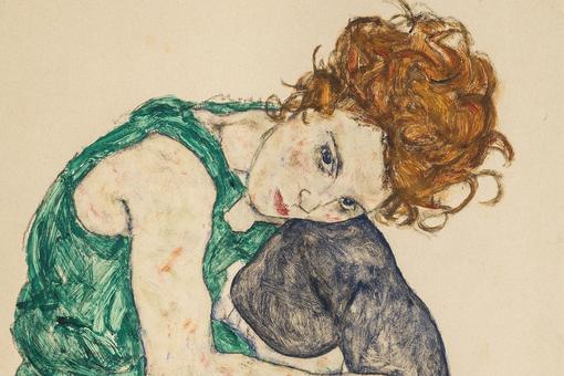 Painting by Egon Schiele showing a red-haired woman in a green sleeveless shirt, her head resting on her raised left knee.