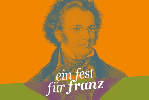 The event poster with a portrait of Franz Schubert in orange and the festival lettering in white