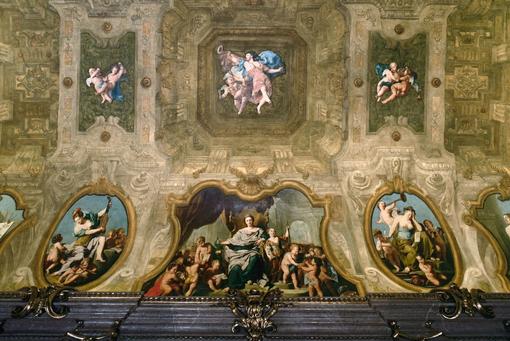 Photo of a section of the ceiling fresco in the Eroica Hall of the Lobkowith Palace, showing some of the allegories