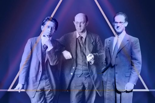 Das Ausstellungsplakat ist in der Farbe Blau gehalten und zeigt die Protagonisten der Ausstellung: Zemlinsky, Schönberg und Hoffmann in Kleidung ihrer Zeit