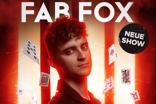 The event poster shows a portrait of the magician Fab Fox, with the words Fab Fox in white above his head and some playing cards floating around his head