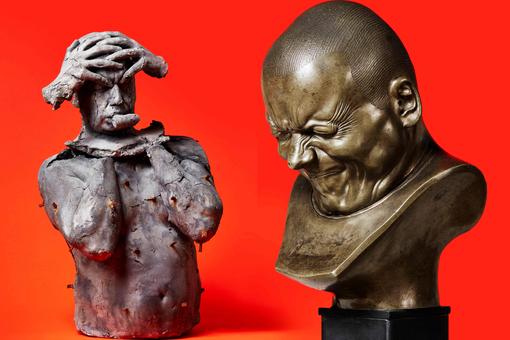 Two busts of different artists and styles on red background
