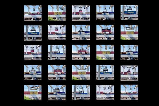 The photo shows 25 smaller photos lined up in rows of 5 photos against a black background. The photos show the unloading of containers with a crane