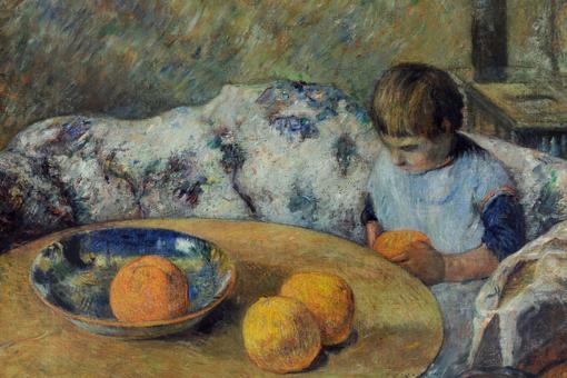 The painting shows a little girl in light blue Sagittarius on a sofa, sitting at a table, on the table is a bowl with an orange fruit in it, two of these fruits lie on the table, one is held by the girl in her hand