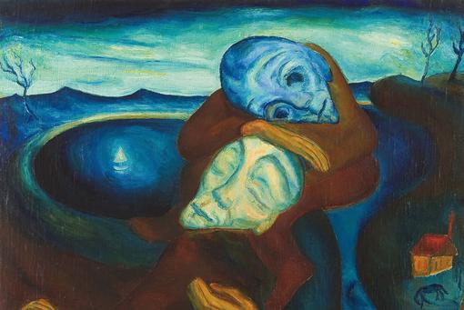 Der Ausschnitt des Gemäldes zeigt zwei traurige, kahlköpfige Figuren umschlungen, die Hauptfarben sind Blau, Türkis und Braun