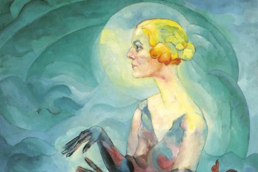 Gemälde einer nackten blonden Frau vor einem türkis blaugrünen Hintergrund