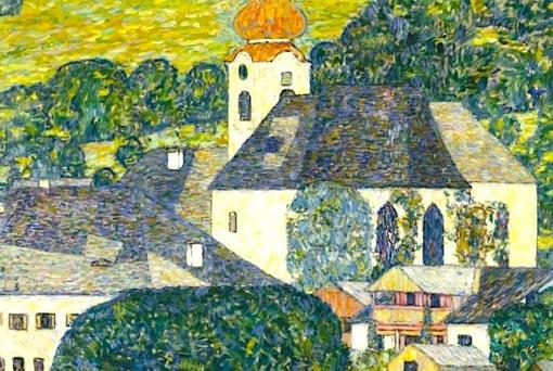 Ausschnitt eines Gemäldes, vorwiegend in Grüntönen gemalt ist, das die Kirche und Gebäude der Gemeinde Unterach am Attersee zeigt