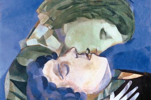 Painting by Marc Chagall in blue and gray tones showing a woman kissing a reclining man on the mouth
