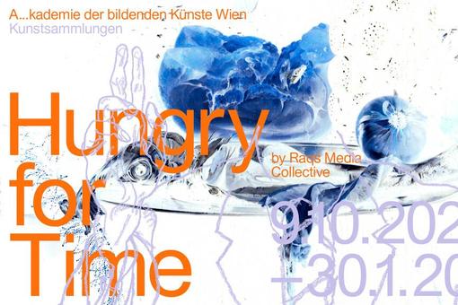 Exhibition poster in white, blue, orange and purple. Writing Hungry for Time in organger color, behind it a kind of monster in blue