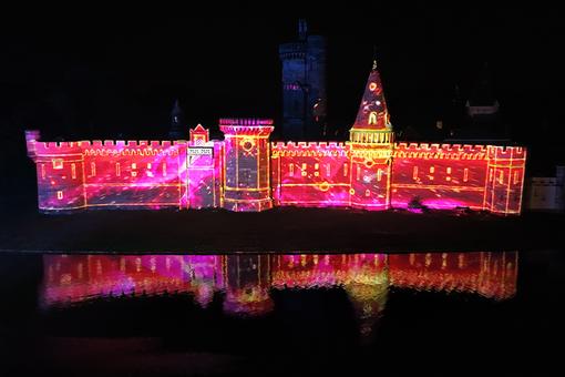 Photo of a colorful light installation at Laxenburg Castle