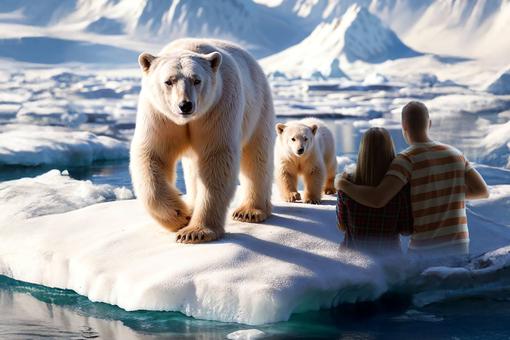 The picture shows a polar bear with cub on an ice floe, in the background polar landscape, in the foreground a woman and a man looking at the scene