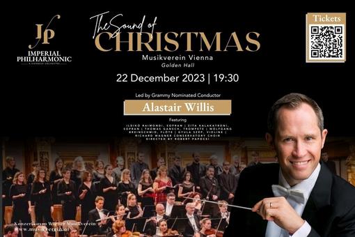 Event poster for the Christmas concert with all the dates, a portrait shot of conductor Alastair Willis, with the Imperial Philharmonic in the background.