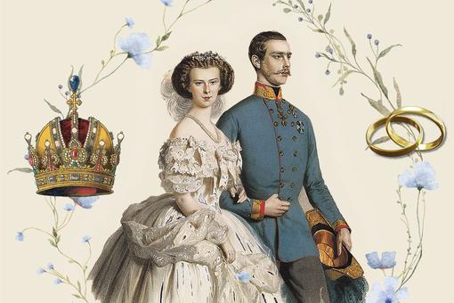 Das Foto zeigt eine gemalte Karte mit dem kaiserlichen Paar, links davon die Kaiserkrone, rechts zwei ineinander verschlungene, goldene Eheringe