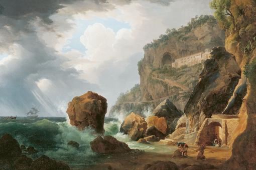 Ölgemälde eines Seesturm am Fuße des Kapuzinerklosters bei Amalfi, 1813