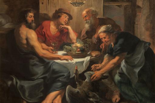 Das Gemälde zeigt die Götter Jupiter und Merkur an einem mit einem Obstkorb gedeckten Tisch gemeinsam mit den alten Eheleuten Philemon und Baucis