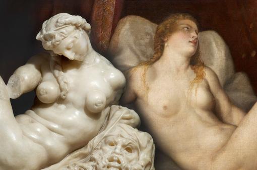 Juxtaposition of a female nude marble sculpture and a female nude made in oil, in the same positions, leaning against each other at one shoulder