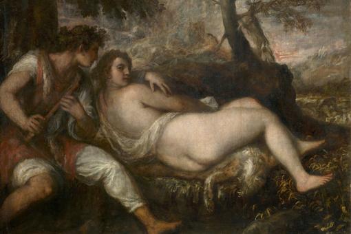 Painting with a naked nymph lying on the ground and a shepherd with a flute in his hand sitting next to her