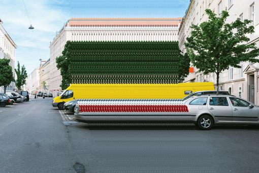 You can see a photo of parked cars in a street with historic Wilhelminian style houses, parts of the photo are distorted into color stripes