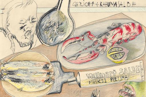 Eine colourierte Zeichnung, die zwei Fischgerichte und die Tube einer Salbe auf einem Tisch zeigt, an dem ein schreiendes Kind sitzt