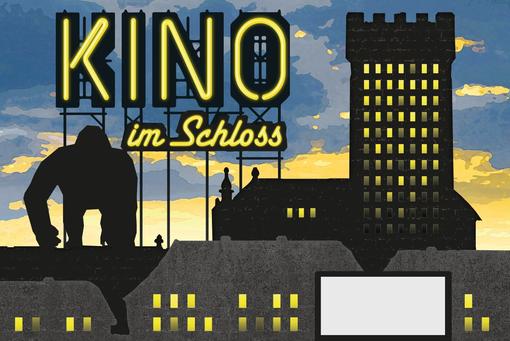Event poster with the skyline of a city in the evening mood with the silhouette of a gorilla on the roof and the lettering "Kino im Schloss"
