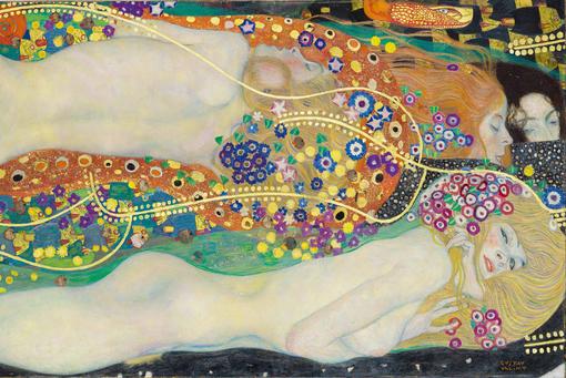 The painting shows four women nestled together like snakes, depicted in Klimt's typical ornamental style